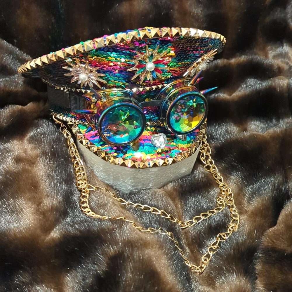Sequin & rhinestone rave festival captain's hat - Picture 2 of 5